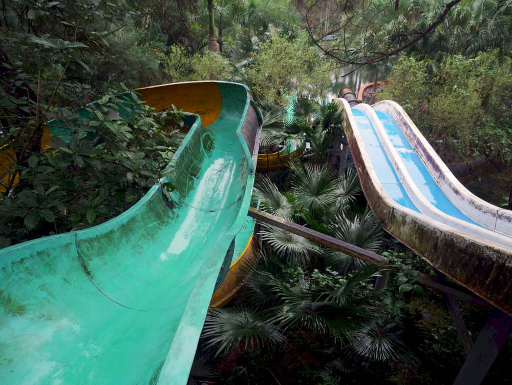 The eerie and mysterious mood that fills the area around the abandoned water slides